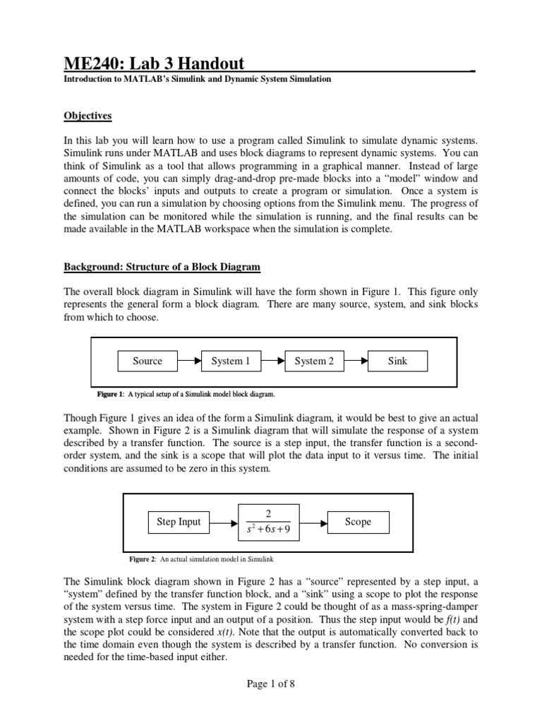 ME340 Lab03 Handout Simulink Intro PDF Laplace Transform Matlab