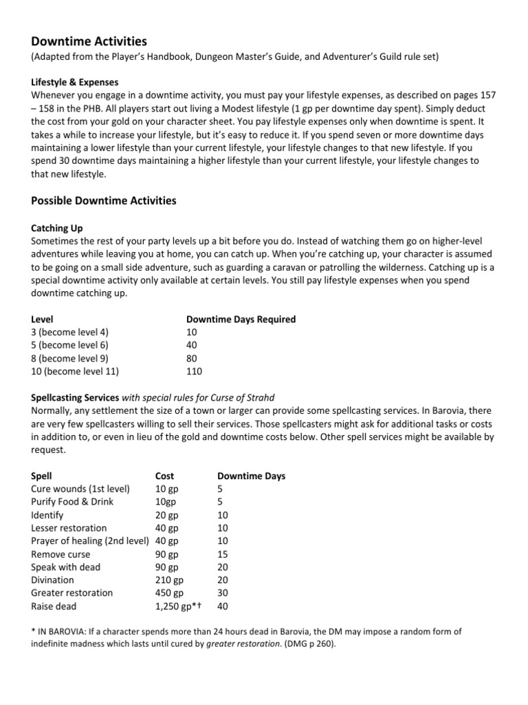 D&amp;D 5E Downtime Rules | PDF | Dungeons &amp; Dragons | Leisure