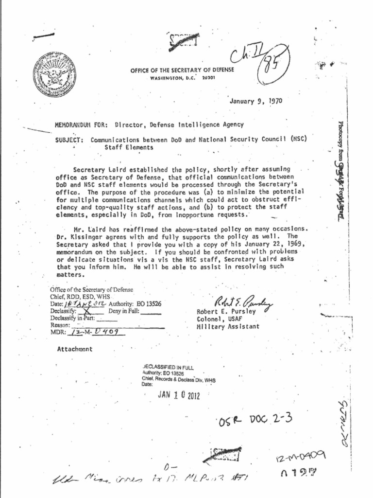 Memo Communications Between DoD and NSC PDF United States