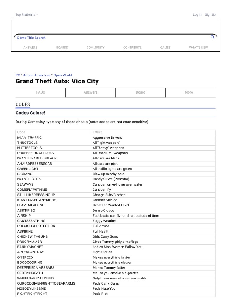 Vice City Cheats, Codes, And Secrets for PC GameFAQs Theft Leisure