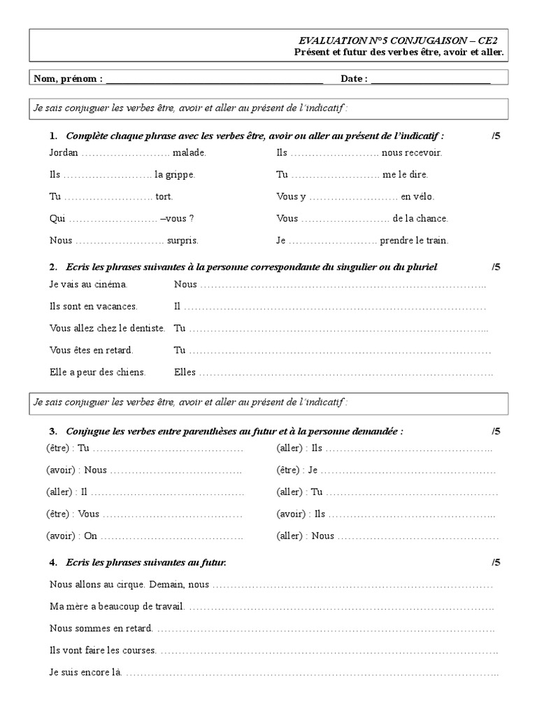 Exercice Verbe Etre Et Avoir Ce2 Imprimer 5 PRESENT FUTUR Etre Avoir Aller | PDF | Verbe | Typologie linguistique