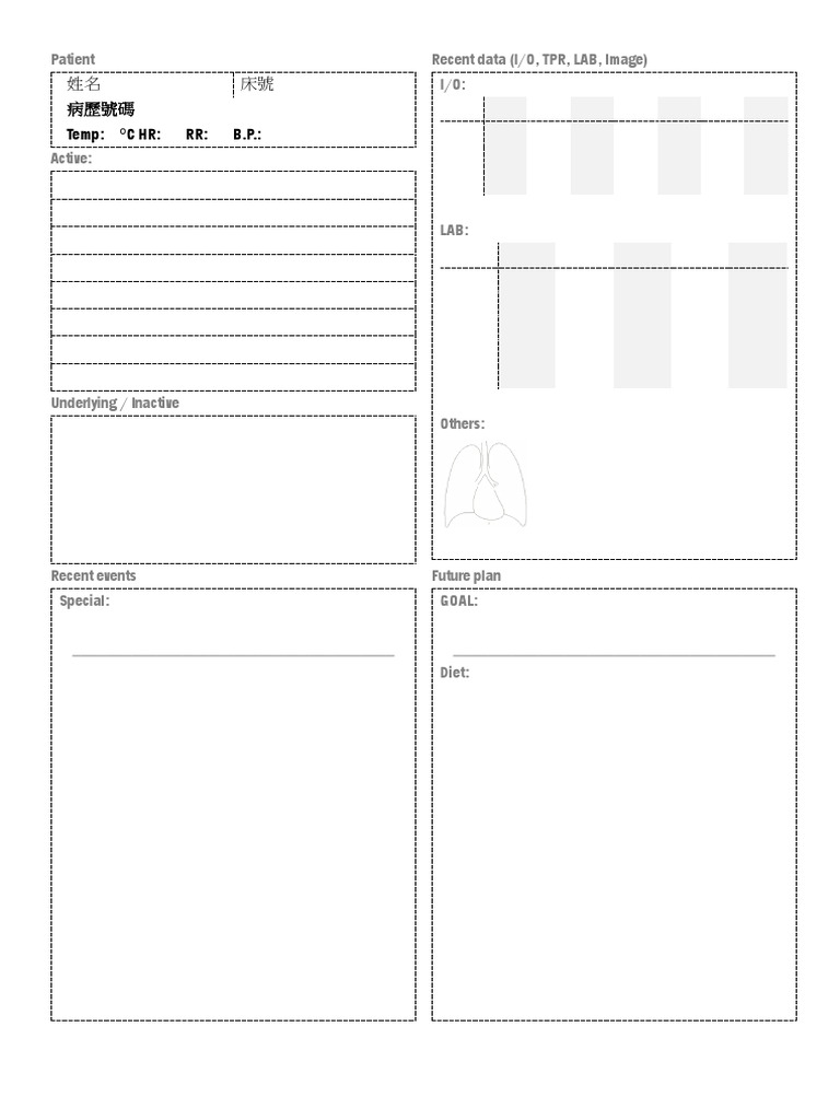 姓名 床號 病歷號碼 Temp: C Hr: Rr: B.P.:: Patient Recent data (I/O, TPR, LAB ...
