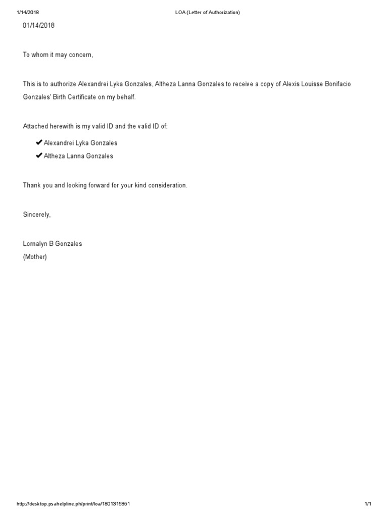 LOA Letter Of Authorization Alexis PDF PDF