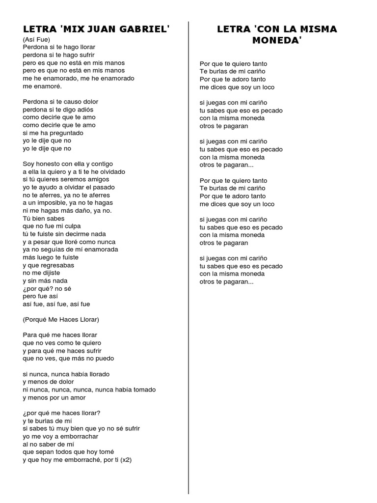 Letra Mix Juan Gabriel Letra Con La Misma Moneda Etica Religiosa Perdon All lyrics are subject to us copyright laws and are property of their respective authors, artists and labels. scribd