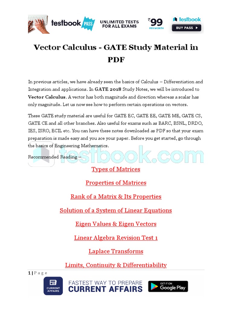GATE Vector Calculus Study Material | PDF | Divergence | Vector Space