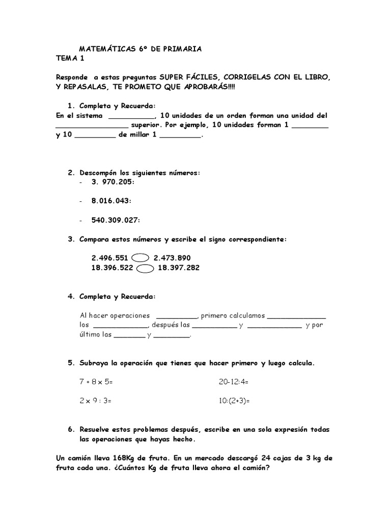 Ejercicios de Matemáticas 6º Primaria | PDF