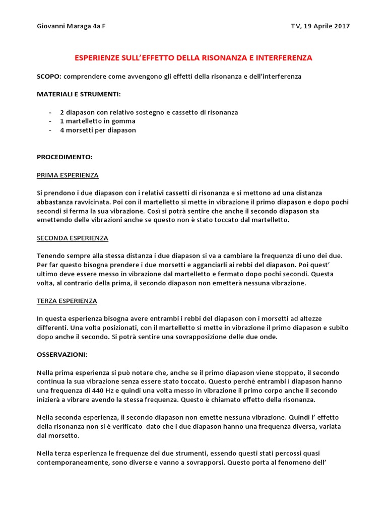 Esperienze Sull'Effetto Della Risonanza e Interferenza | PDF
