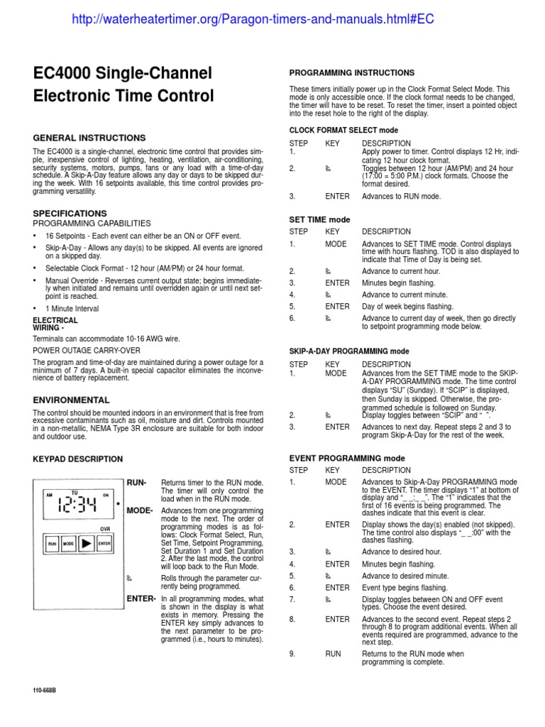 Paragon EC4000 Program PDF Clock Timer
