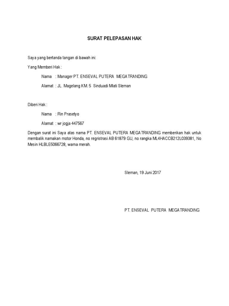 Contoh Surat Pelepasan Hak