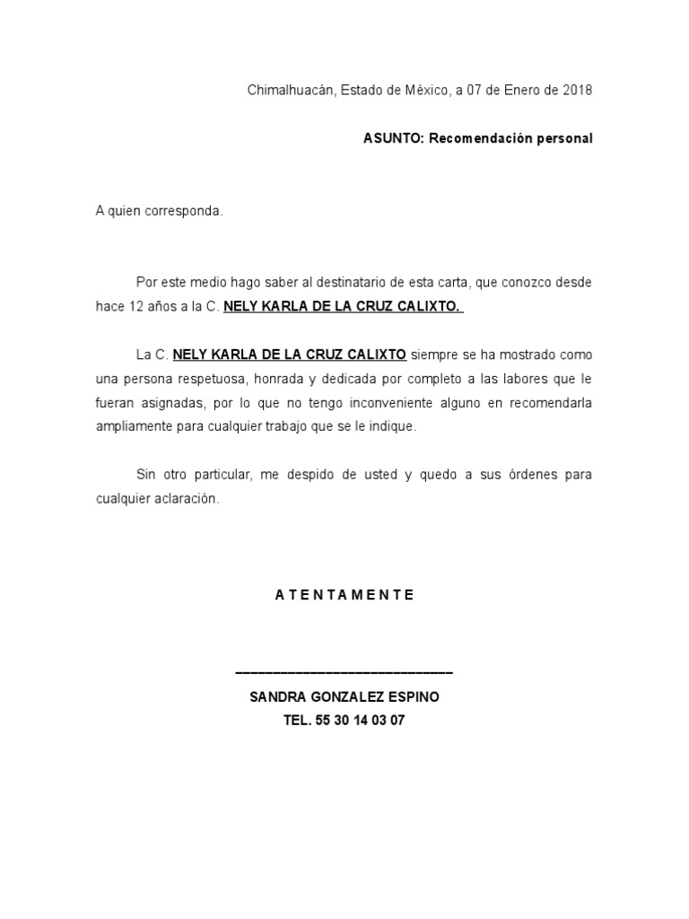 Carta de Recomendacion Personal