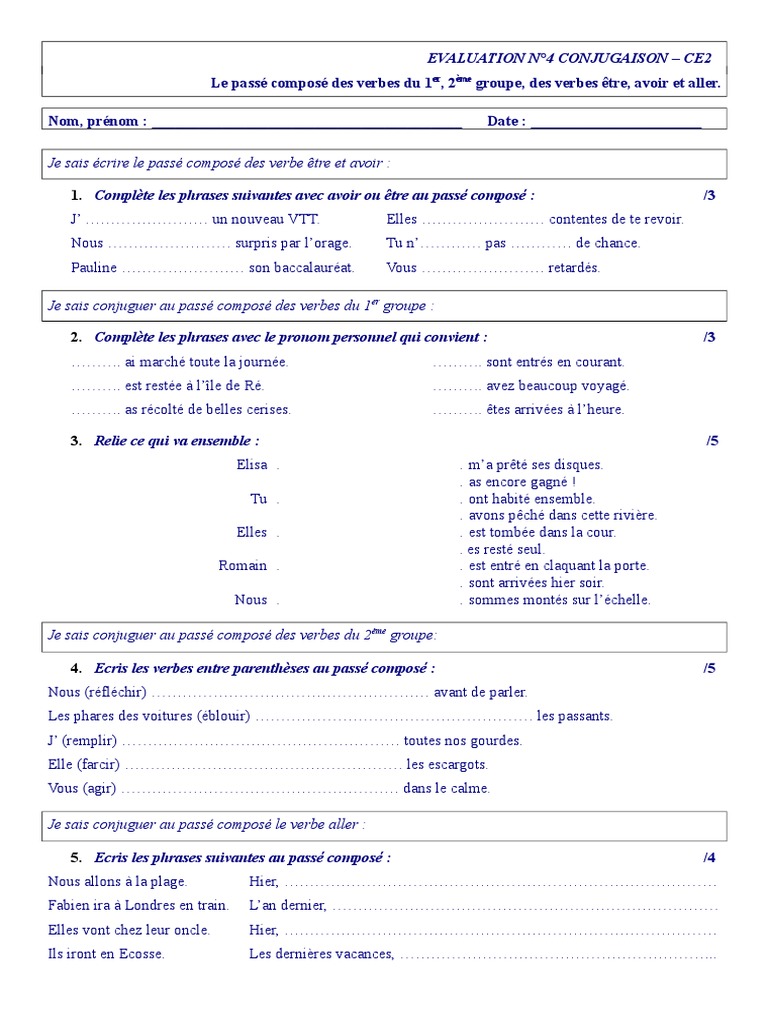 Exercice Sur Le Passé Composé Ce2 4b PASSE COMPOSE 1er Et 2eme Grpe Etre Avoir Aller | PDF | Verbe |  Morphologie