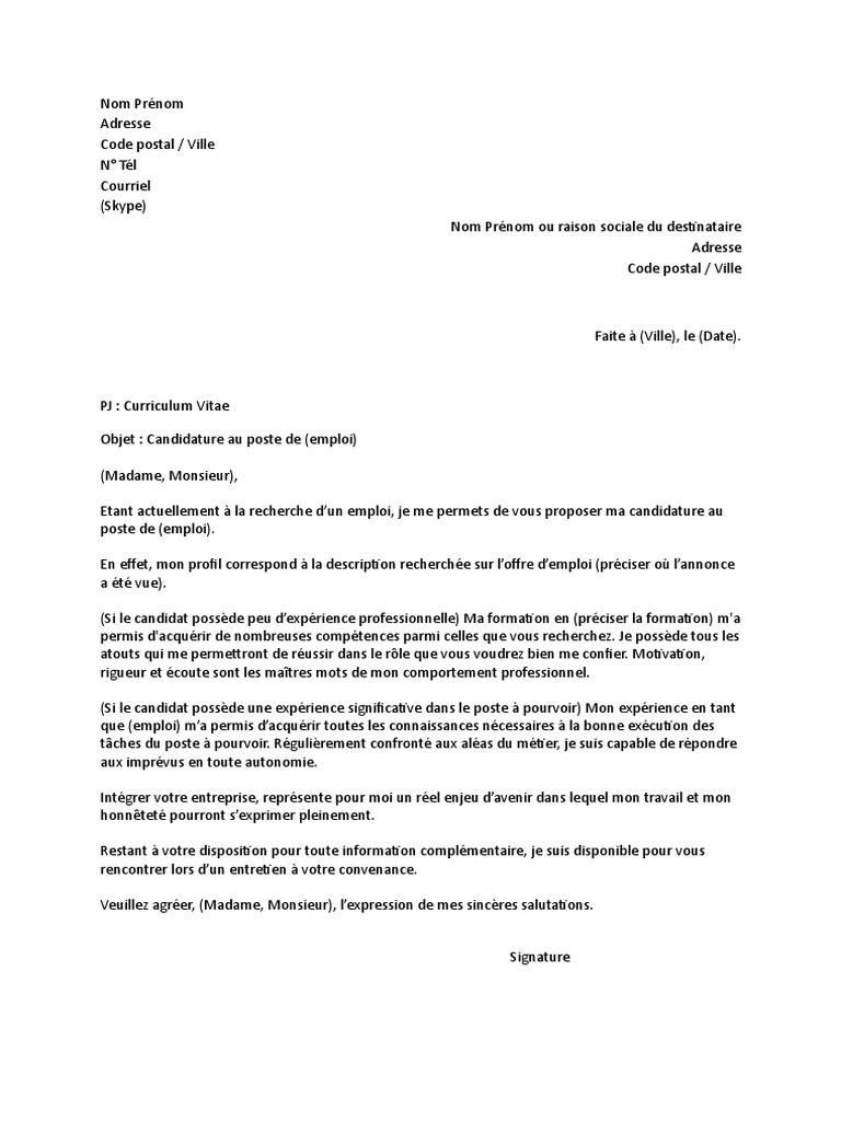 Lettre De Motivation Pour Emploi Doc