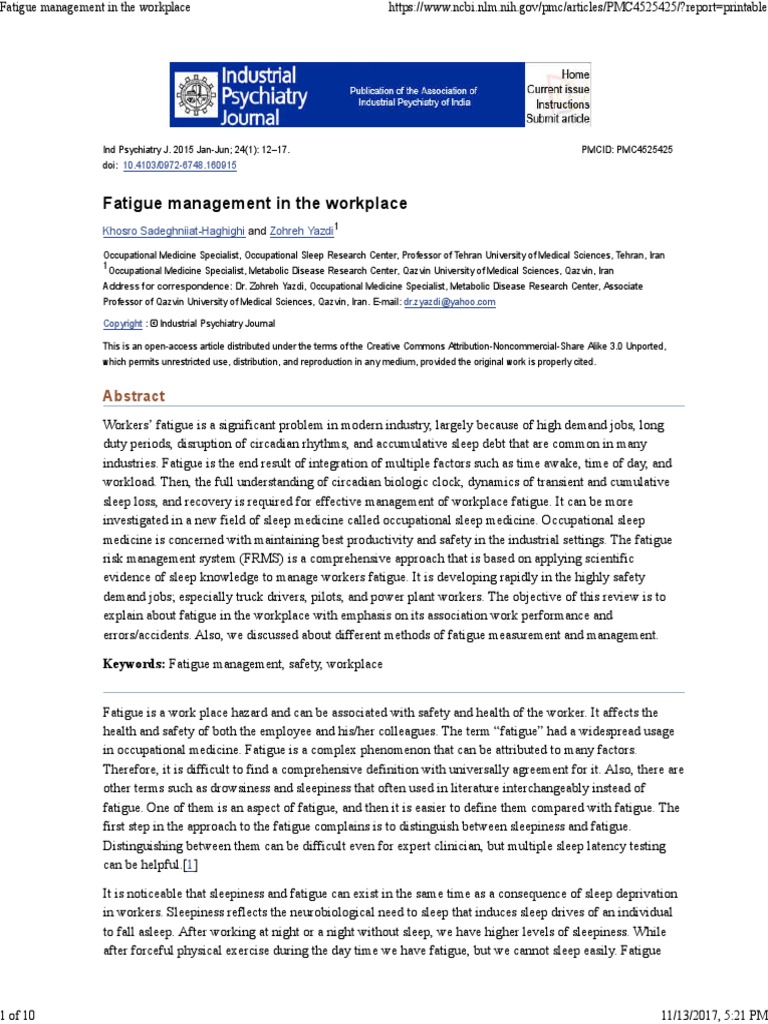 Fatigue Management in The Workplace | PDF | Shift Work | Sleep