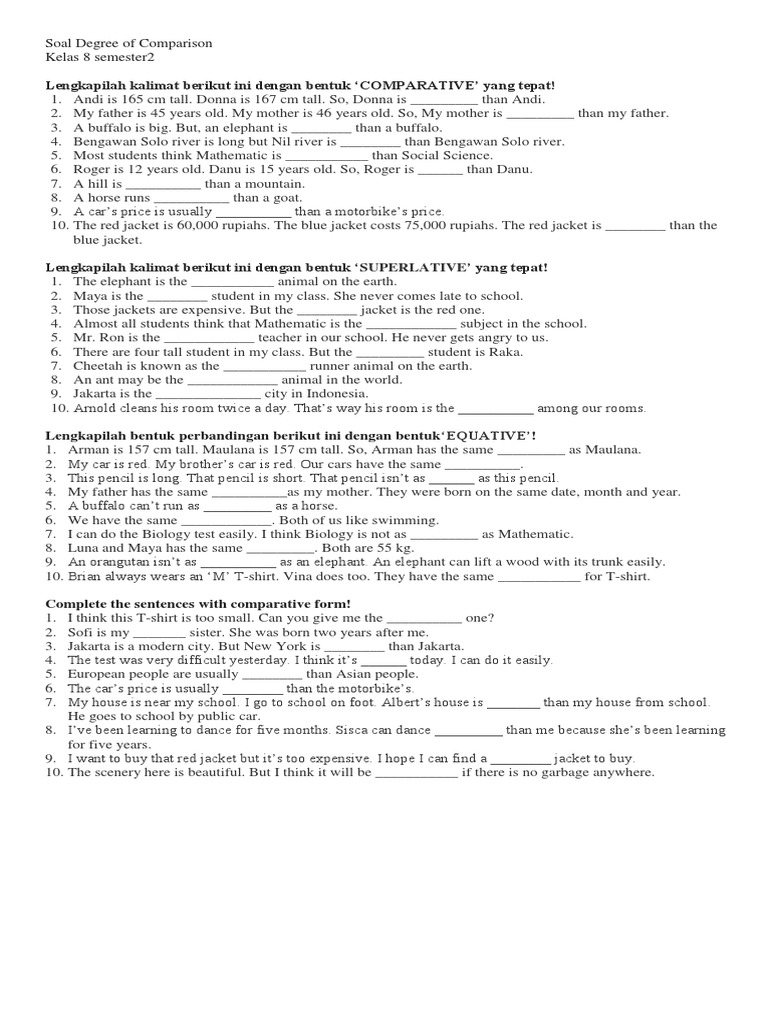 Soal Soal Untuk Materi Degree Of Comparison Smp