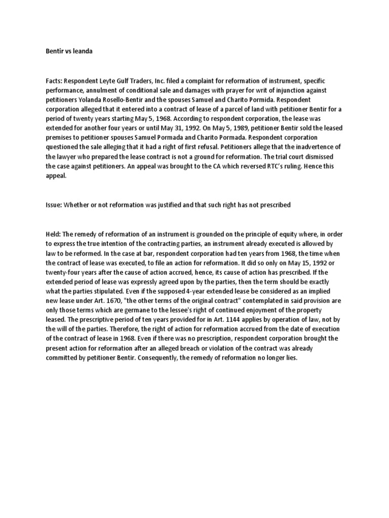 Bentir Vs Leanda PDF Statute Of Limitations Lease