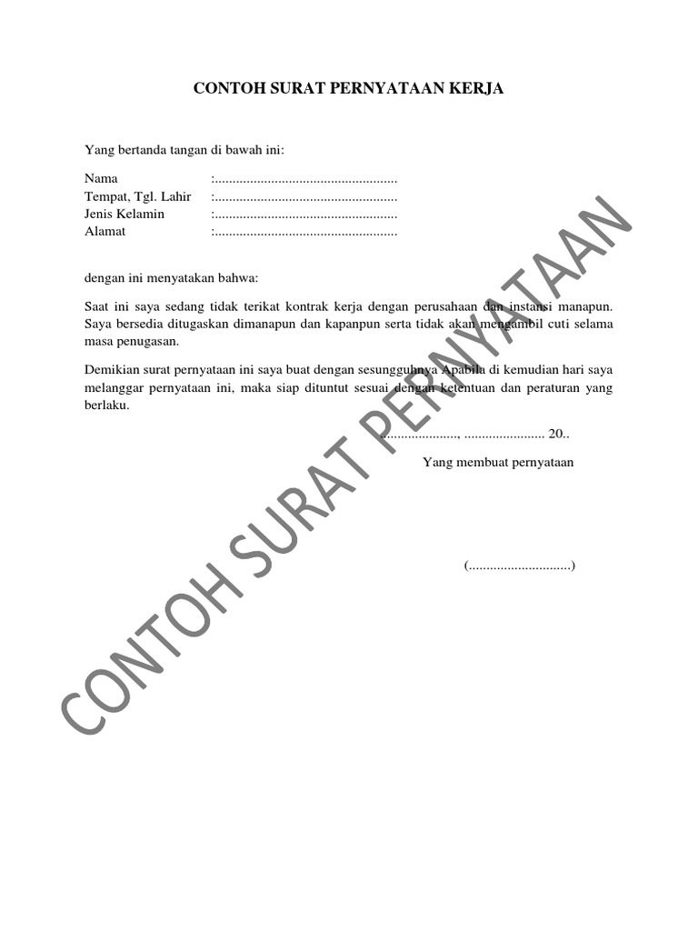 Contoh Surat Pernyataan Kerja