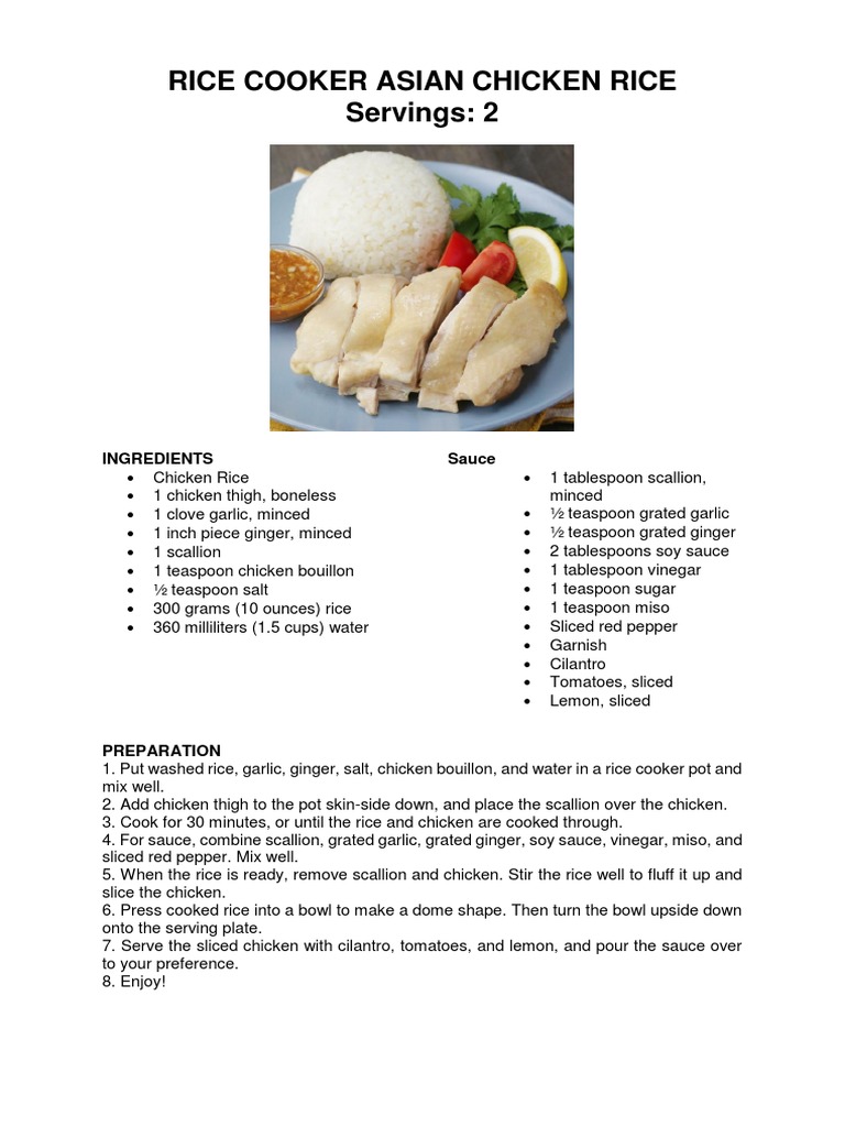 Rice Cooker Asian Chicken Rice Recipe | PDF