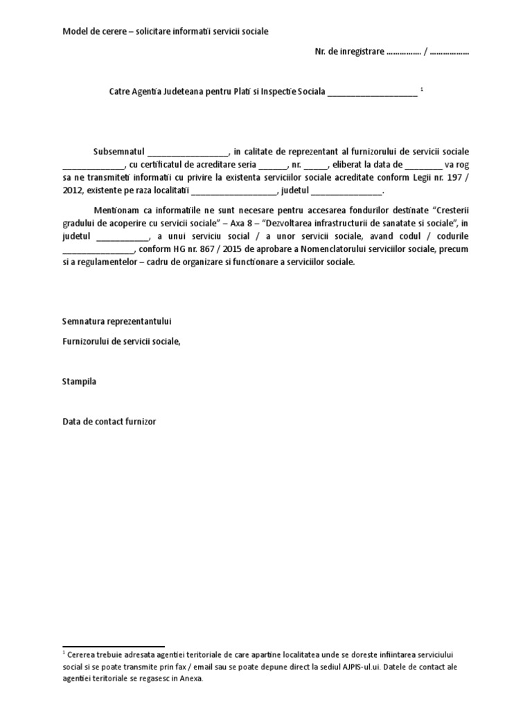 Model de Cerere - Solicitare Informatii Servicii Sociale | PDF
