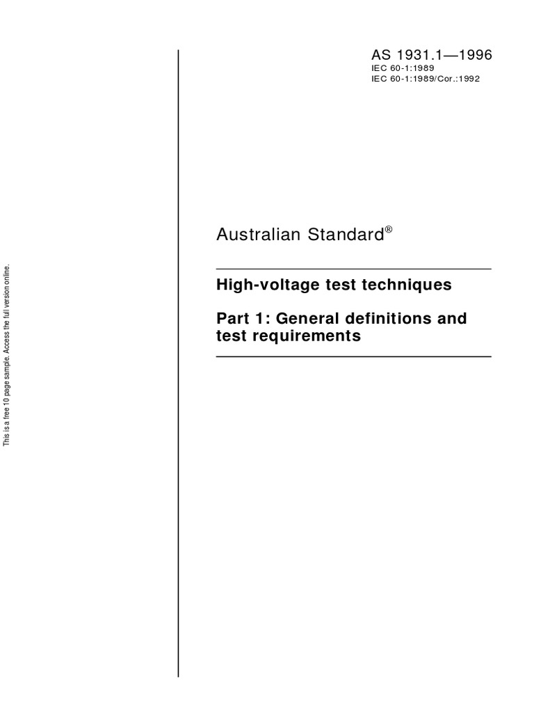 Australian Standard HighVoltage Test Techniques Part 1 General Definitions and Test