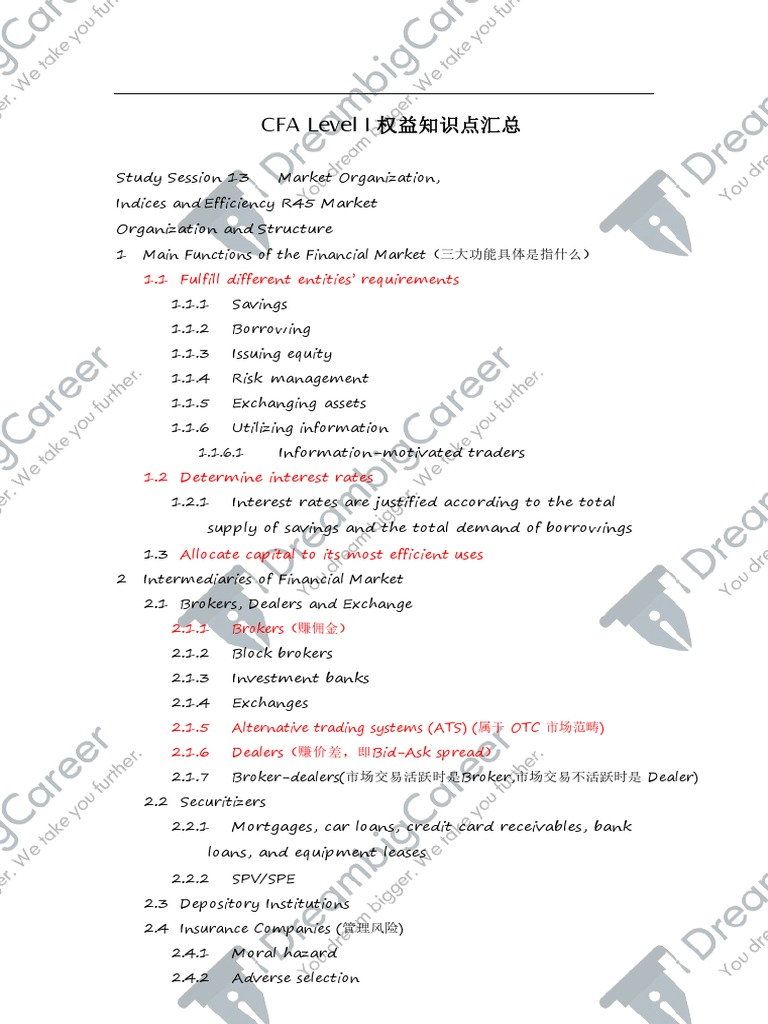 CFA Level I Equity Market Overview | PDF | Order (Exchange) | Securities  (Finance)