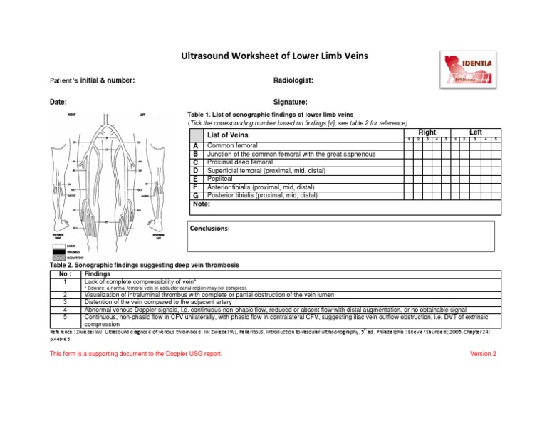 ultrasound worksheet of lower limb veins patients initial number