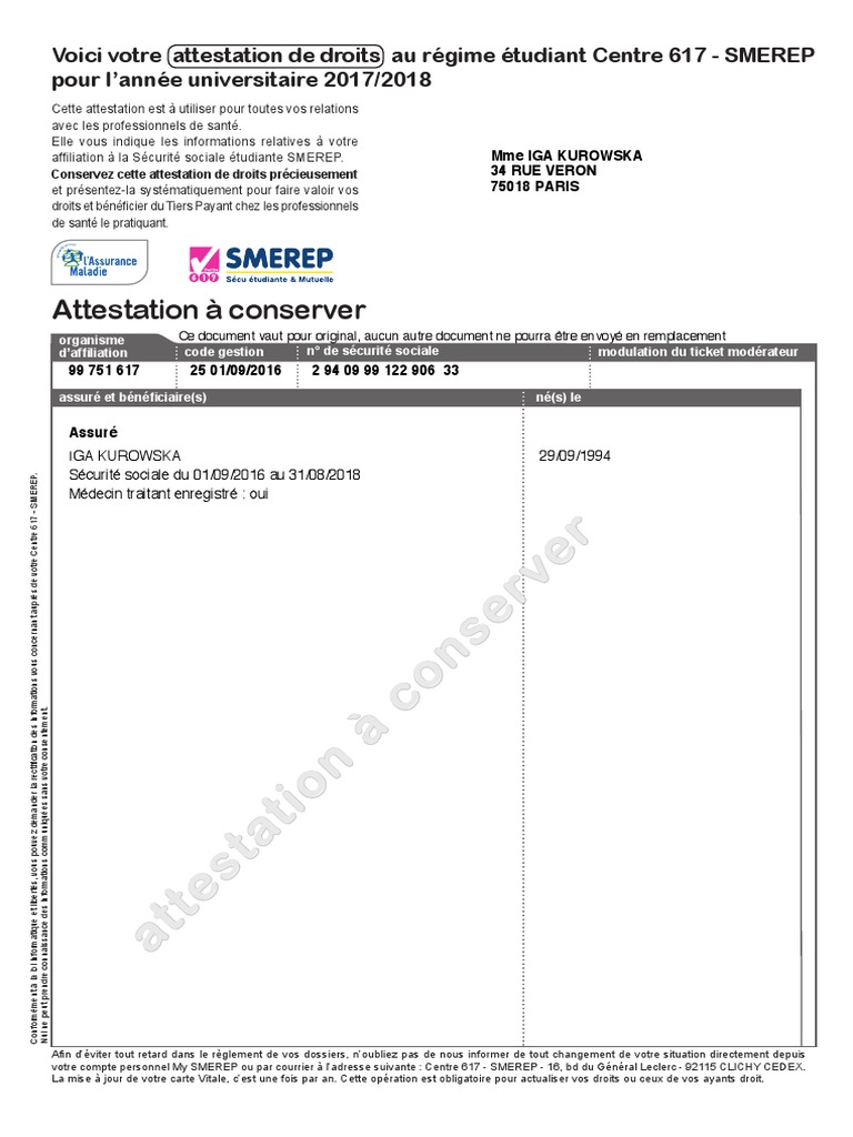 attestation sécurité sociale smerep