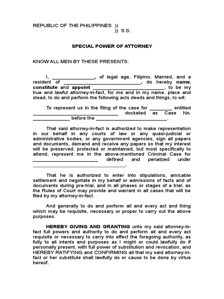 Spa (Spa for Filing a Case) Power Of Attorney Constitutional Law