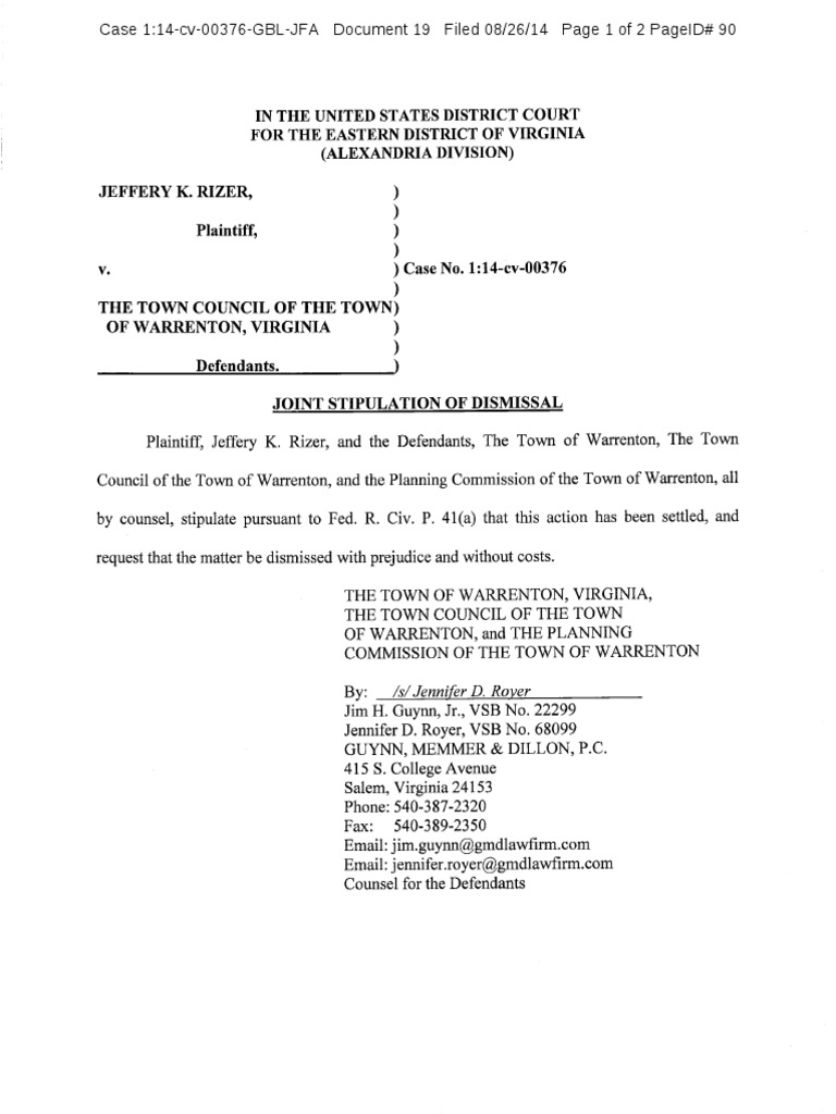 Joint Stipulation of Dismissal - Rizer v. Warrenton | PDF | Judiciaries ...