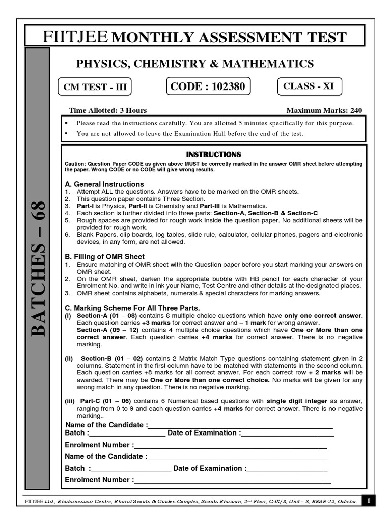 CM Monthly Test - 1618 - Test 3 - 26.12.2016 | PDF | Hydrogen | Velocity