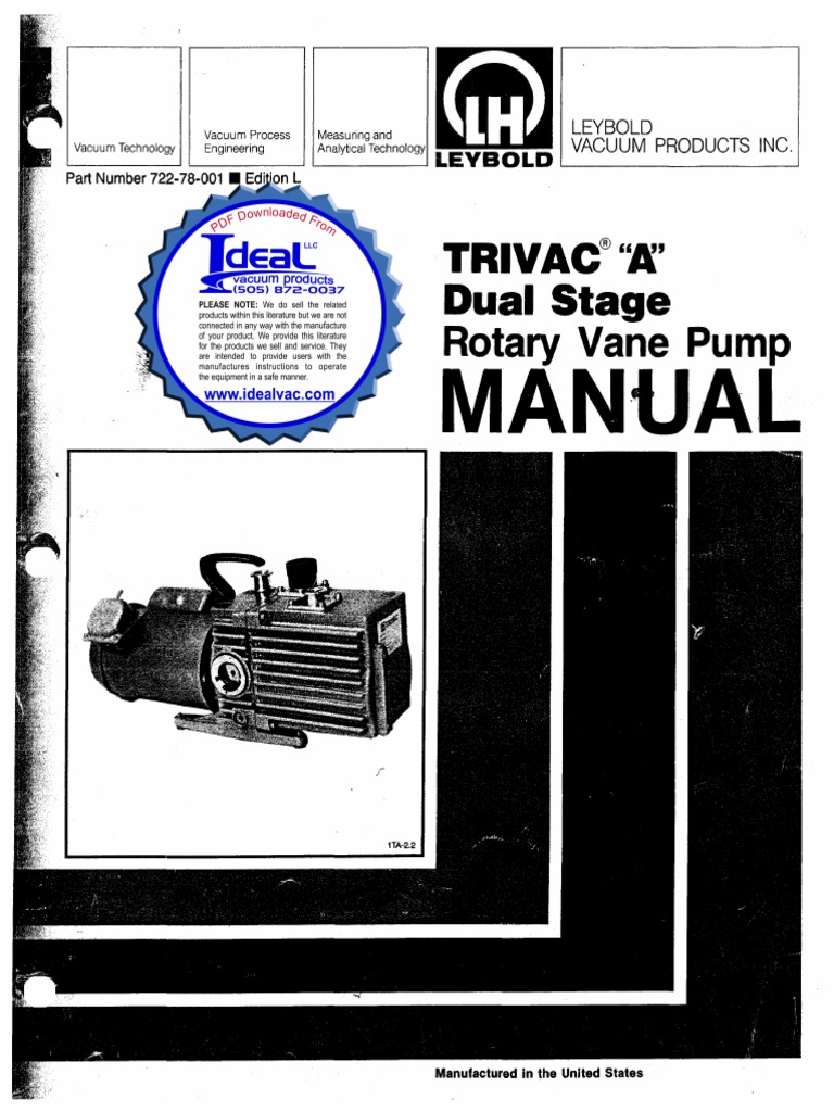Leybold a Series Pump Service Manual Pump Vacuum