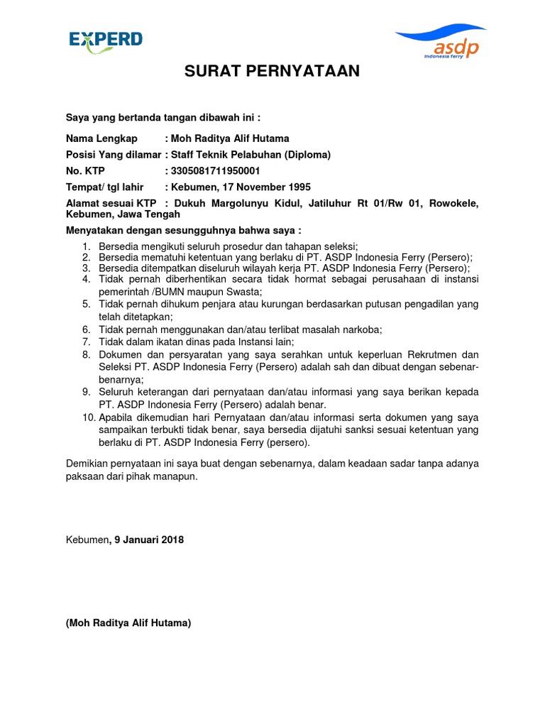 Surat Pernyataan Asdp
