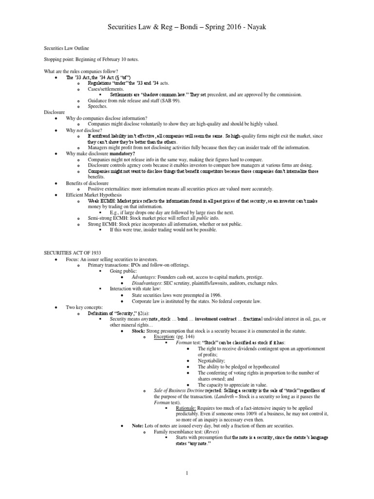 Securities Law Overview and Disclosure Insights | PDF | Sec Rule 10b 5 ...