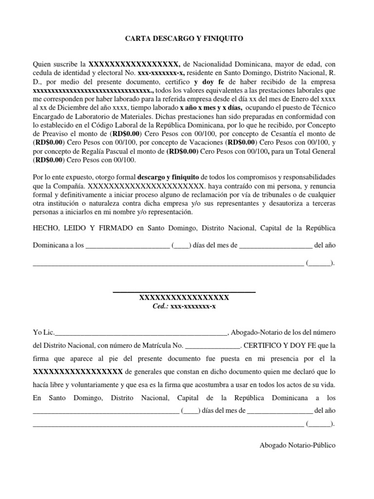 Carta de Descargo y Finiquito Laboral | PDF | República Dominicana ...