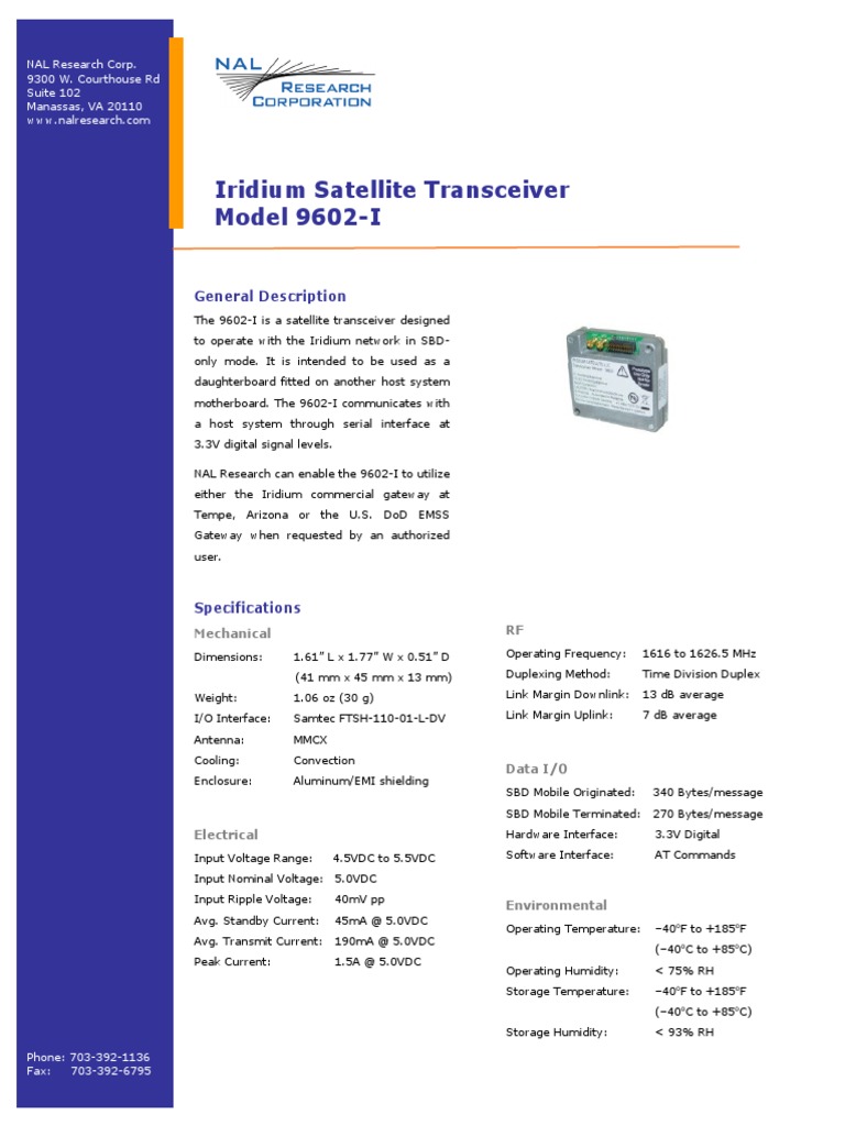Iridium 9602-I Transceiver Specs | PDF | Telecommunications | Computer ...