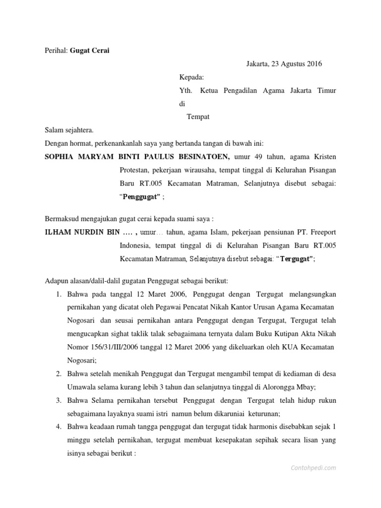 Contoh Surat Gugatan Cerai