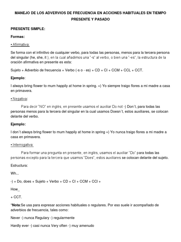 Adverbios de Frecuencia y Pasado Simple | PDF | Verbo | Oración ...