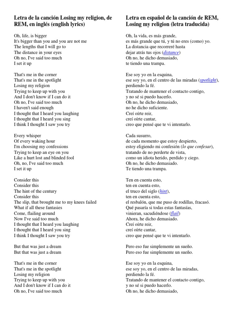 Letra de La Canción Losing My Religion Ocio Entretenimiento (general)