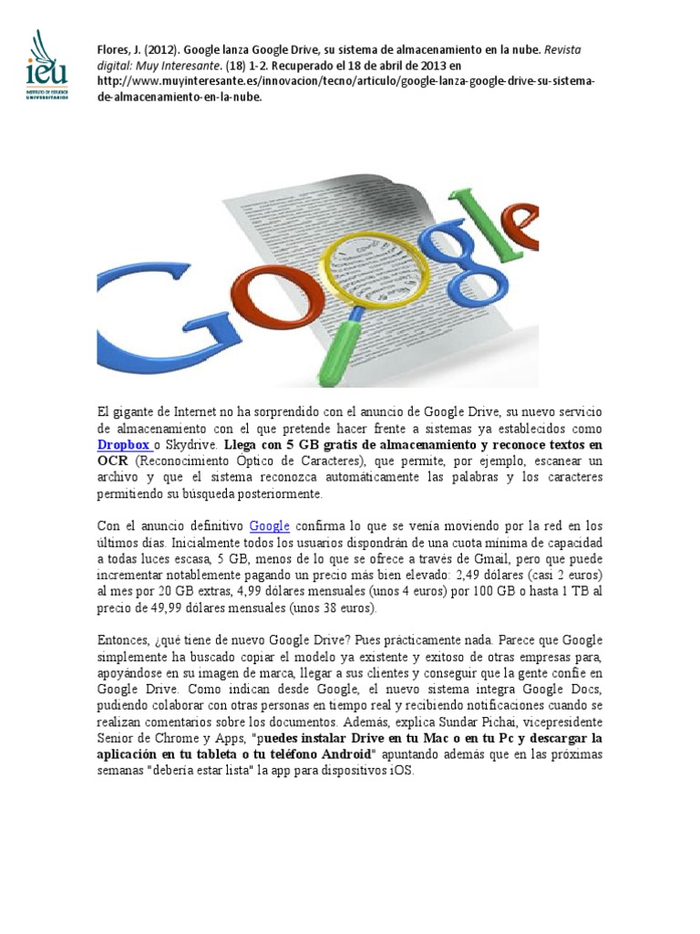 Lanzamiento de Google Drive: Almacenamiento en la Nube | PDF ...