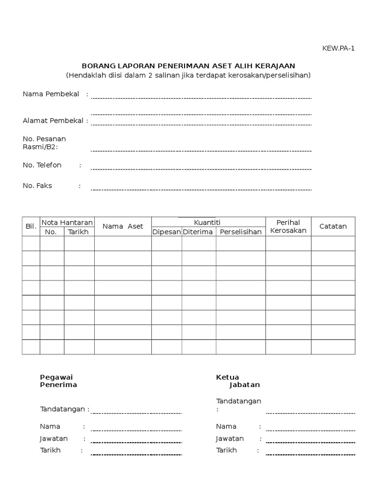 1 Kew Pa 1 Borang Laporan Penerimaan Aset Alih Pdf