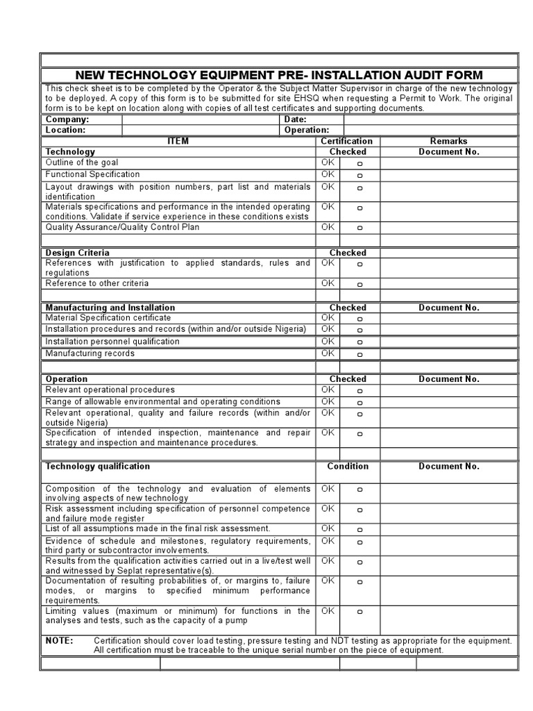New Tech_equipment Checklist Specification (Technical Standard