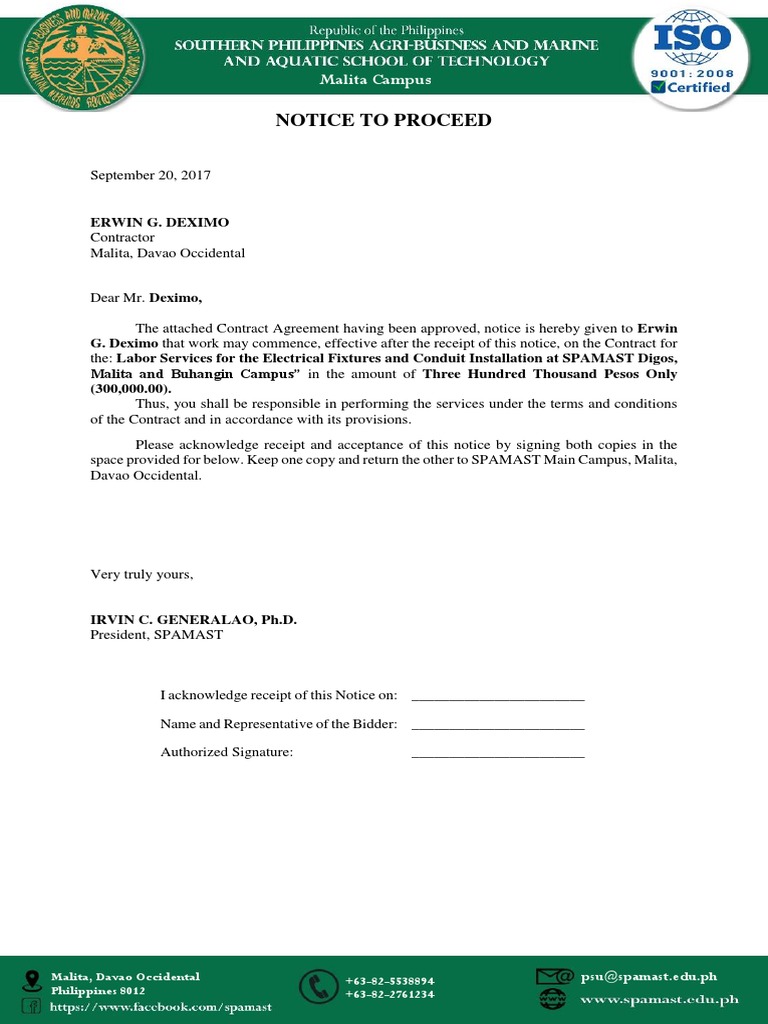 Notice To Proceed: Malita Campus | PDF