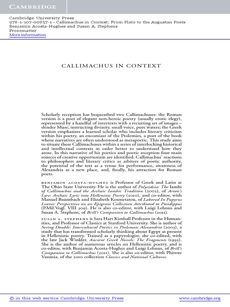 Callimachus in Context PDF Poetry