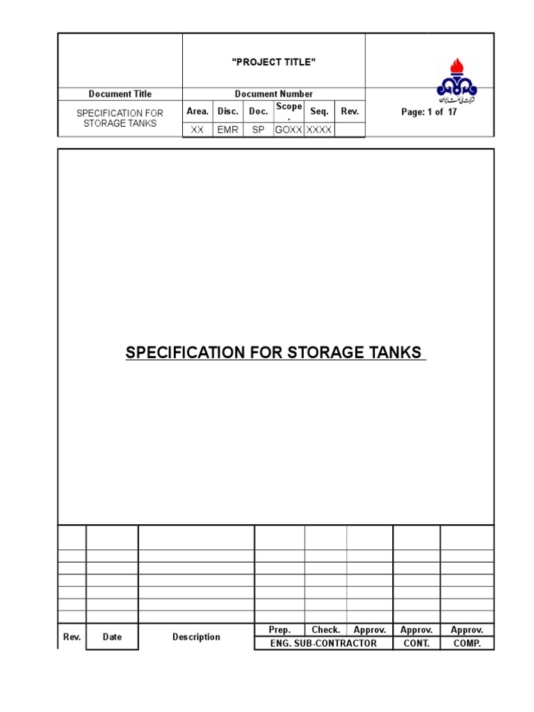 1013 Spec For Storage Tanks PDF Specification (Technical Standard) Pipe (Fluid Conveyance)