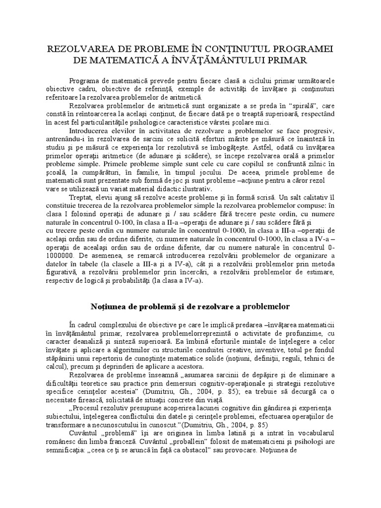 Rezolvarea De Probleme In ConÅ£inutul Programei De MatematicÄƒ A InvÄƒÅ£Äƒmantului Primar