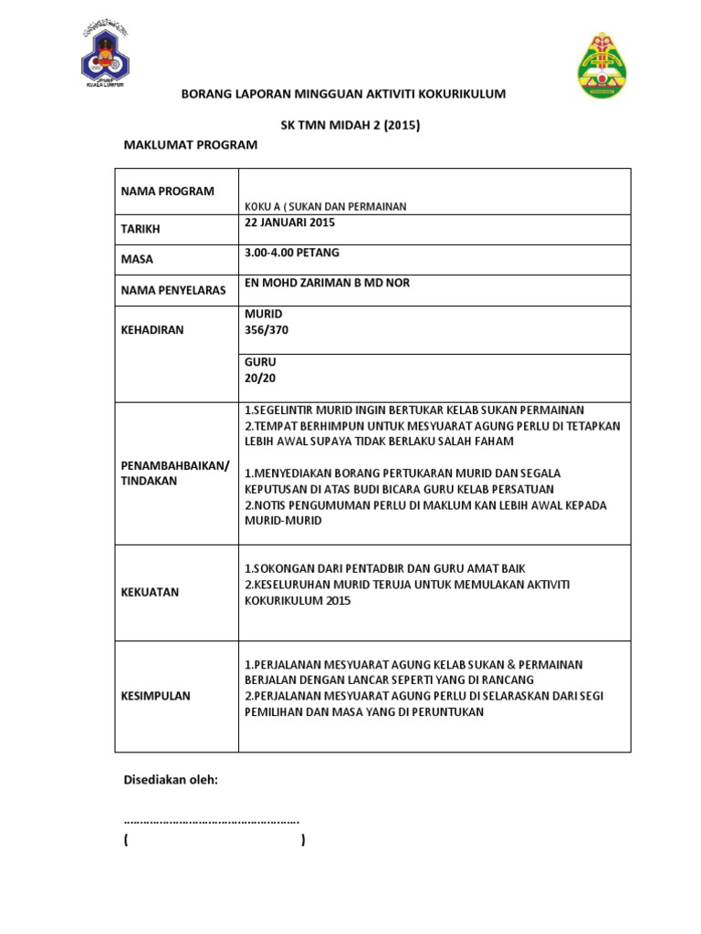 Borang Laporan Mingguan Aktiviti Kokurikulum Docx