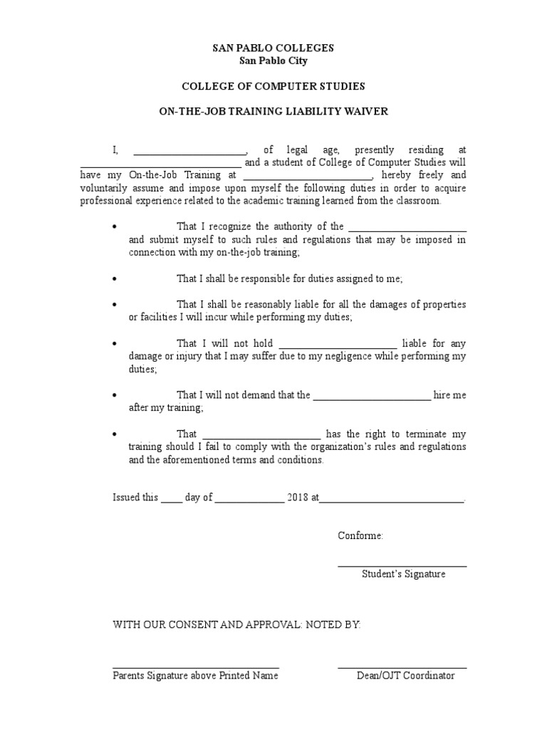 OntheJob Training Waiver PDF