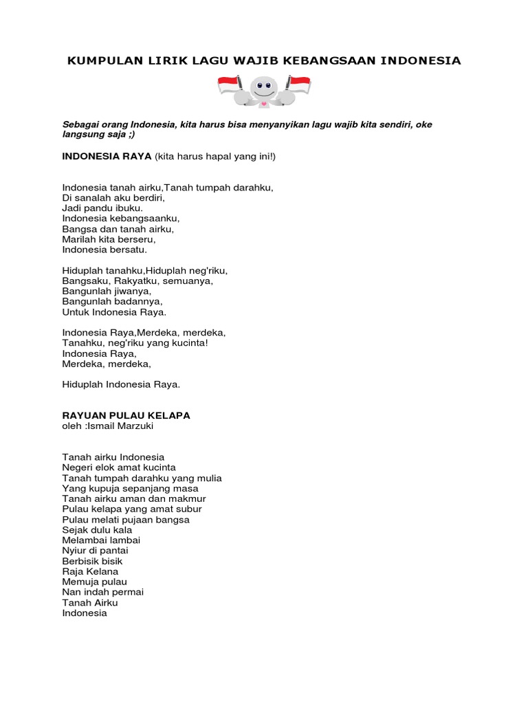 Kumpulan Lirik Lagu Wajib Kebangsaan Indonesia Pdf