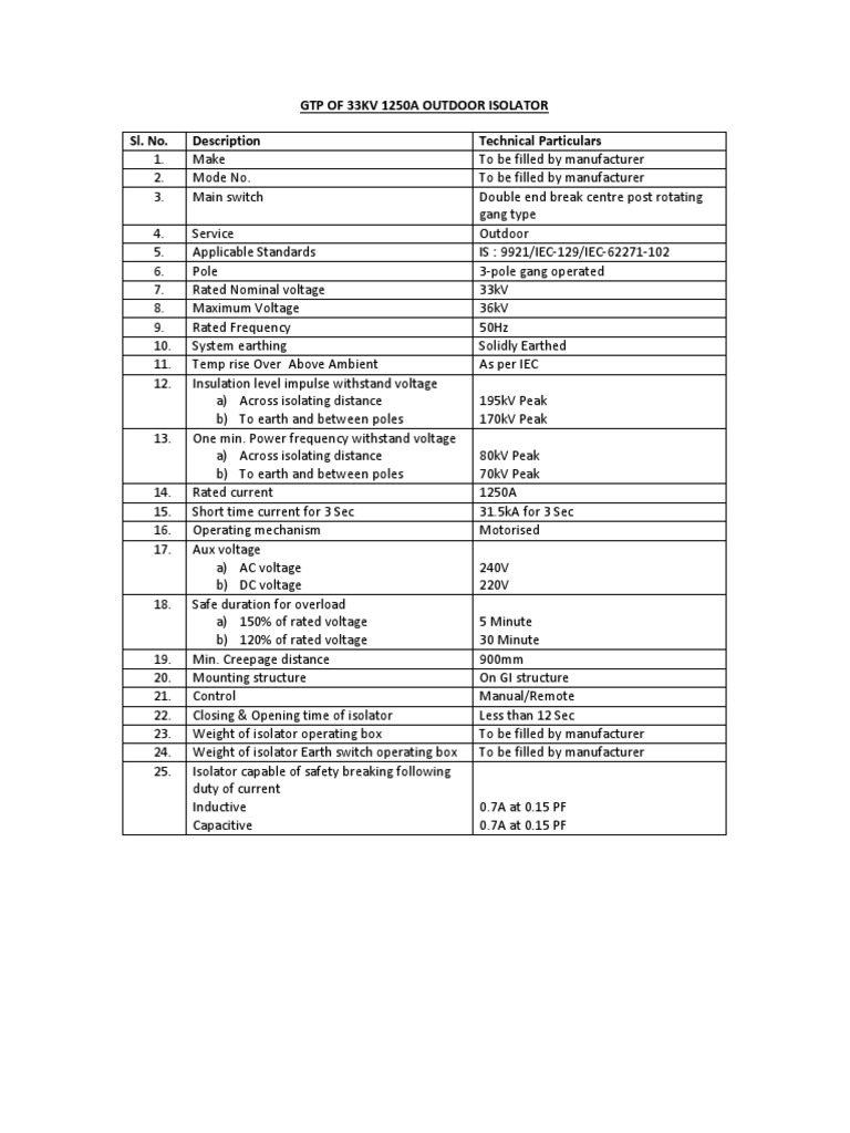 33kV Outdoor Isolator Data Sheet | PDF | Insulator (Electricity) | Switch