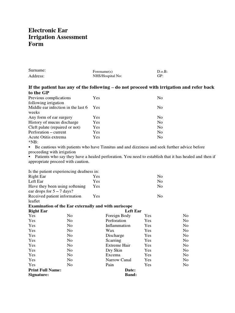 Ear Irrigation Assessment Form PDF Ear Auditory System