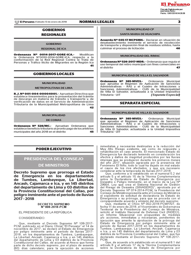 Decreto Supremo que prorroga el Estado de Emergencia en los ...